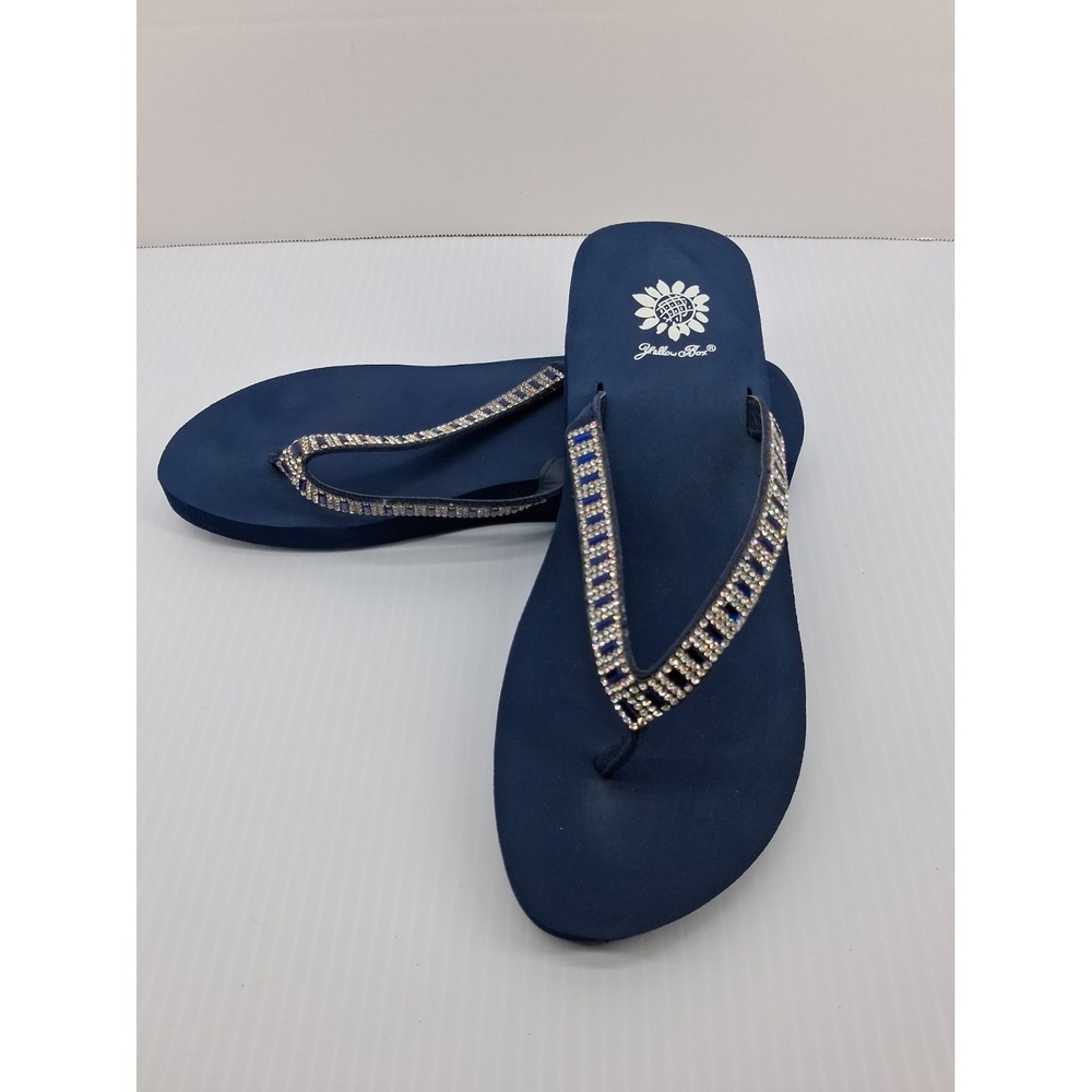 YELLOW BOX Womens Navy Flip Flops Sandals Sz 9 Rhinestone Embellished Straps